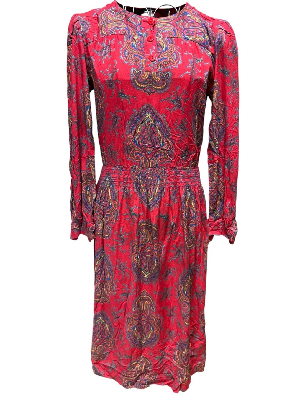 Vintage 70s Taurus II Union Label Red Paisley Long-Sleeve Midi Dress size 4